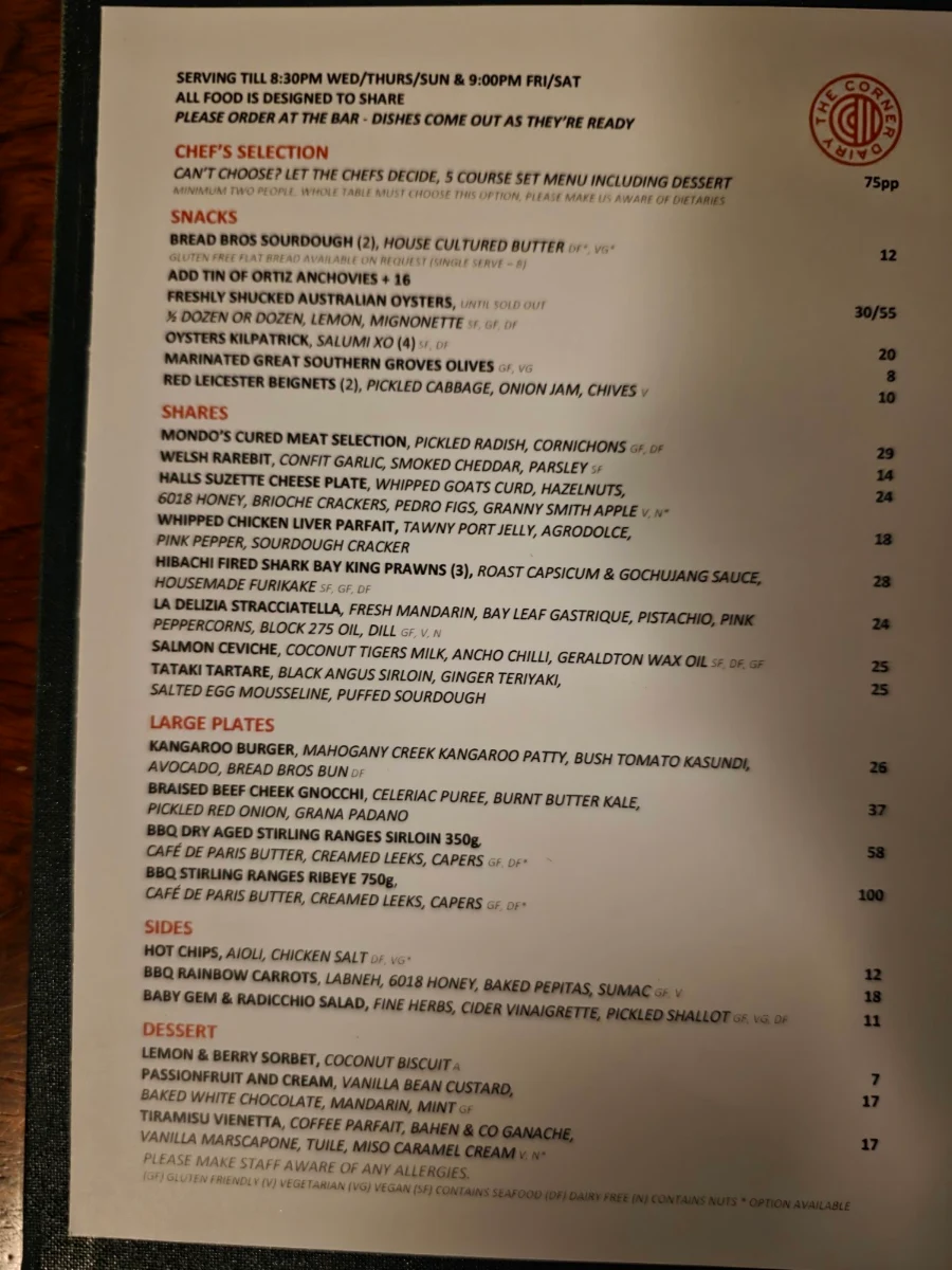 Menu, The Corner Dairy
