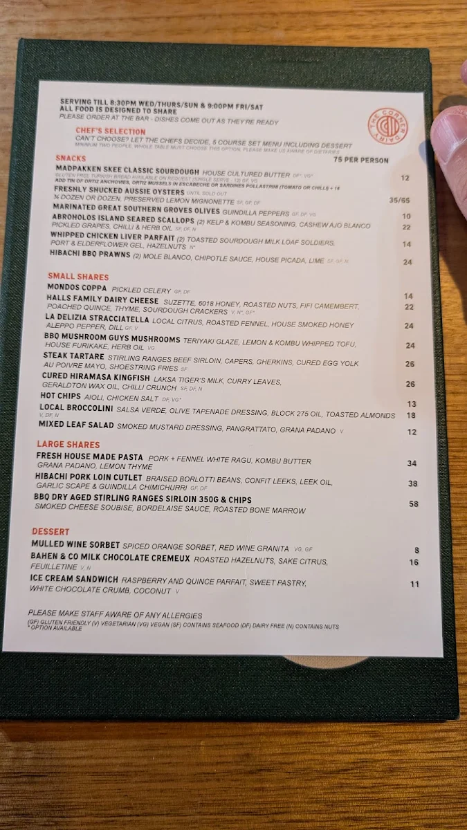 Menu, The Corner Dairy