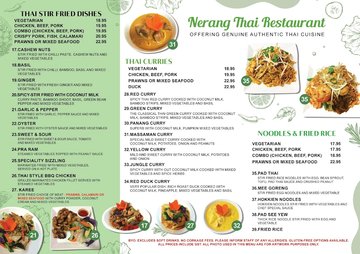 Menu, Nerang Thai Restaurant