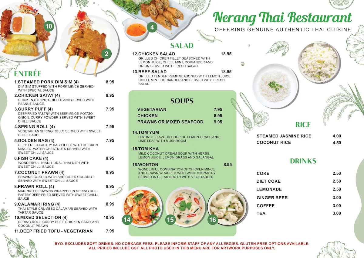 Menu, Nerang Thai Restaurant