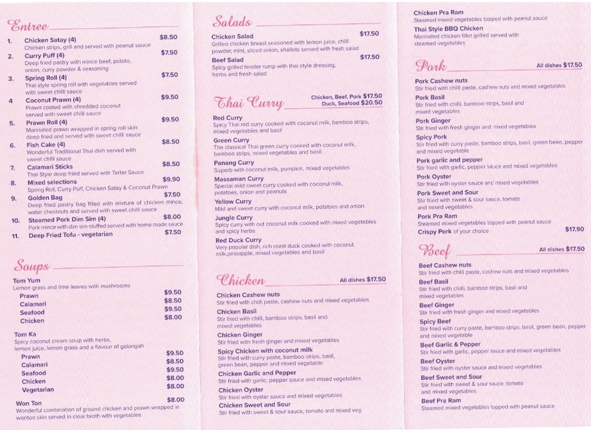 Menu, Nerang Thai Restaurant