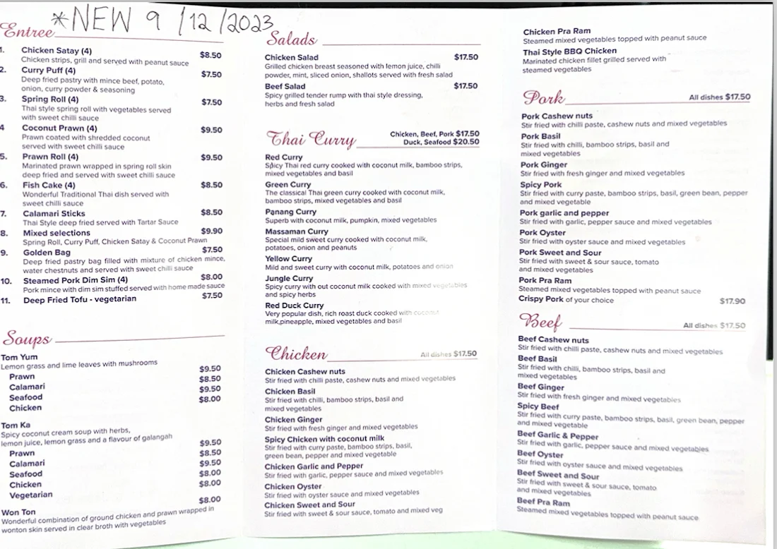 Menu, Nerang Thai Restaurant