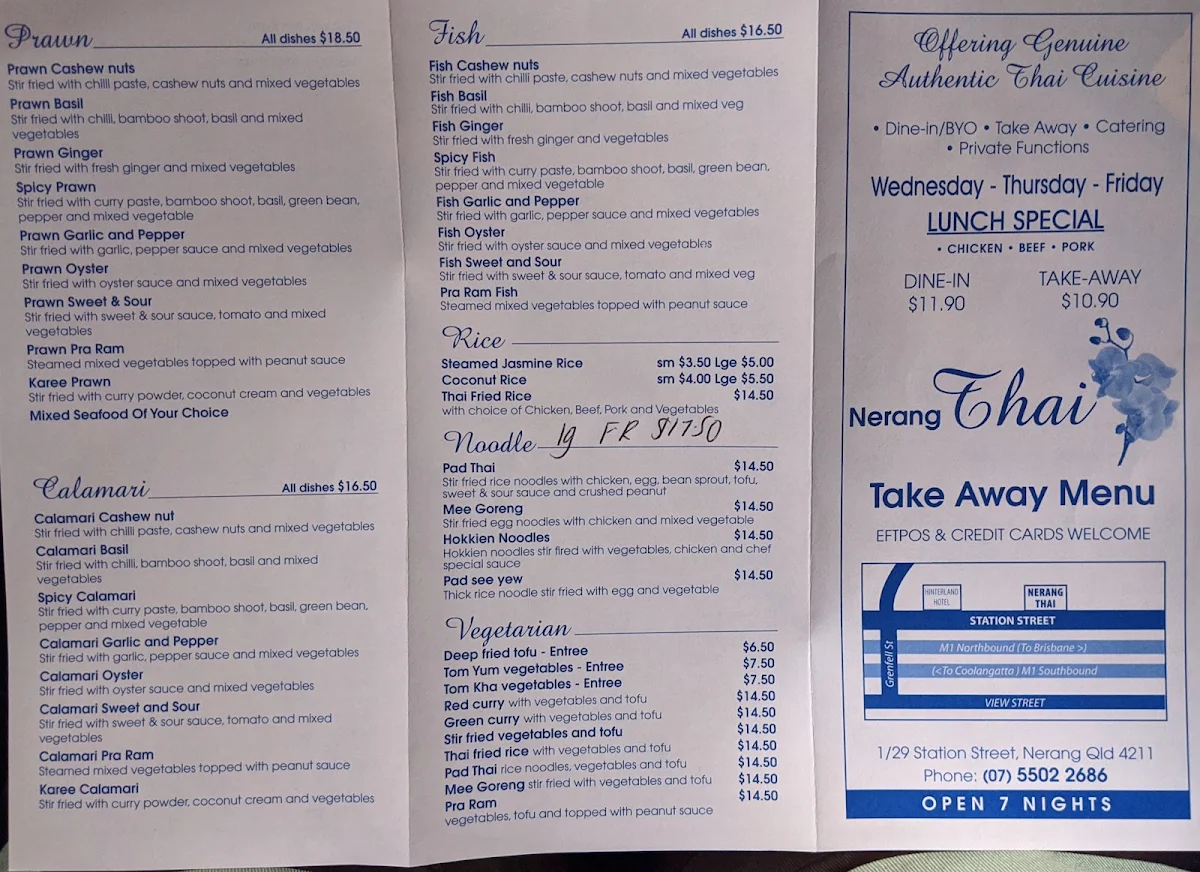 Menu, Nerang Thai Restaurant