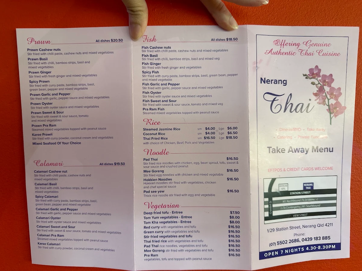 Menu, Nerang Thai Restaurant