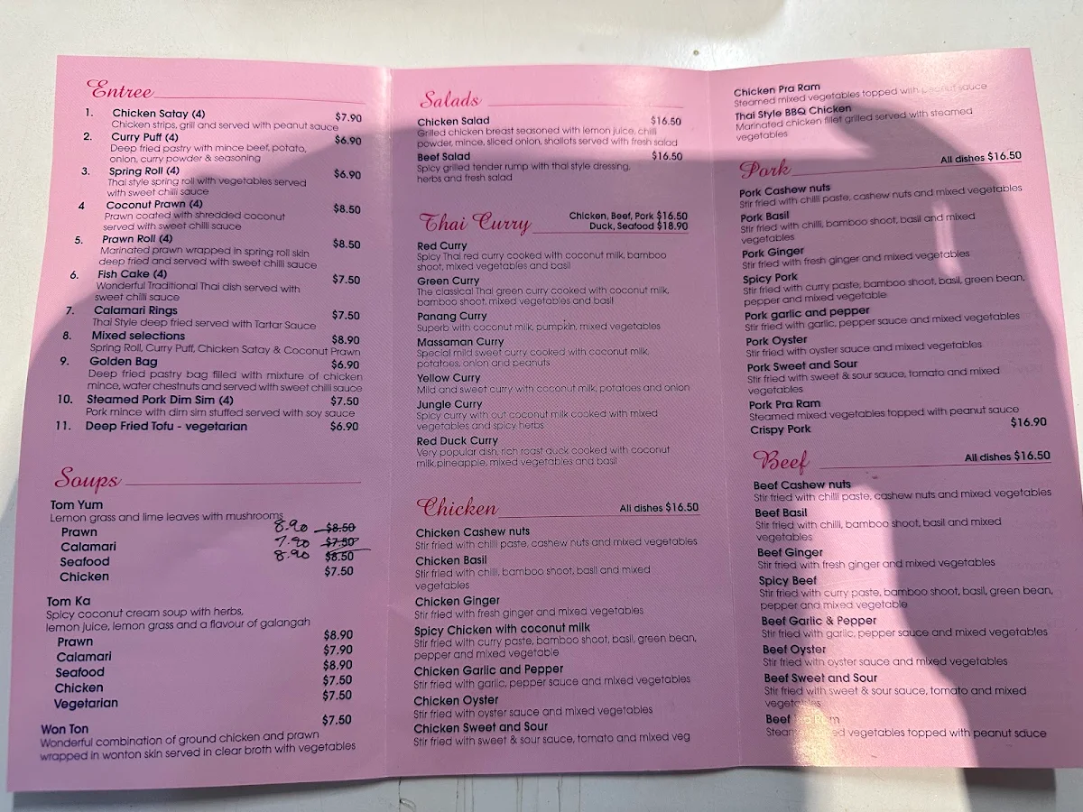 Menu, Nerang Thai Restaurant