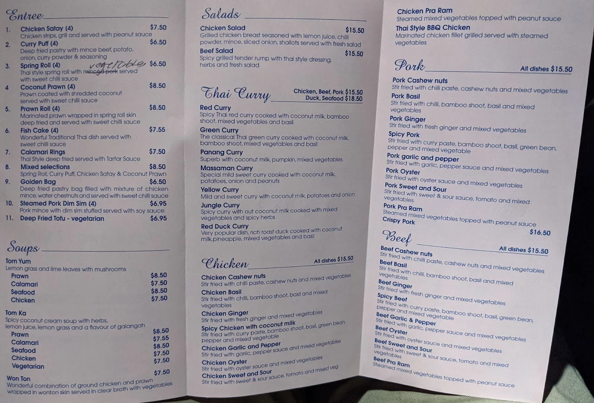 Menu, Nerang Thai Restaurant