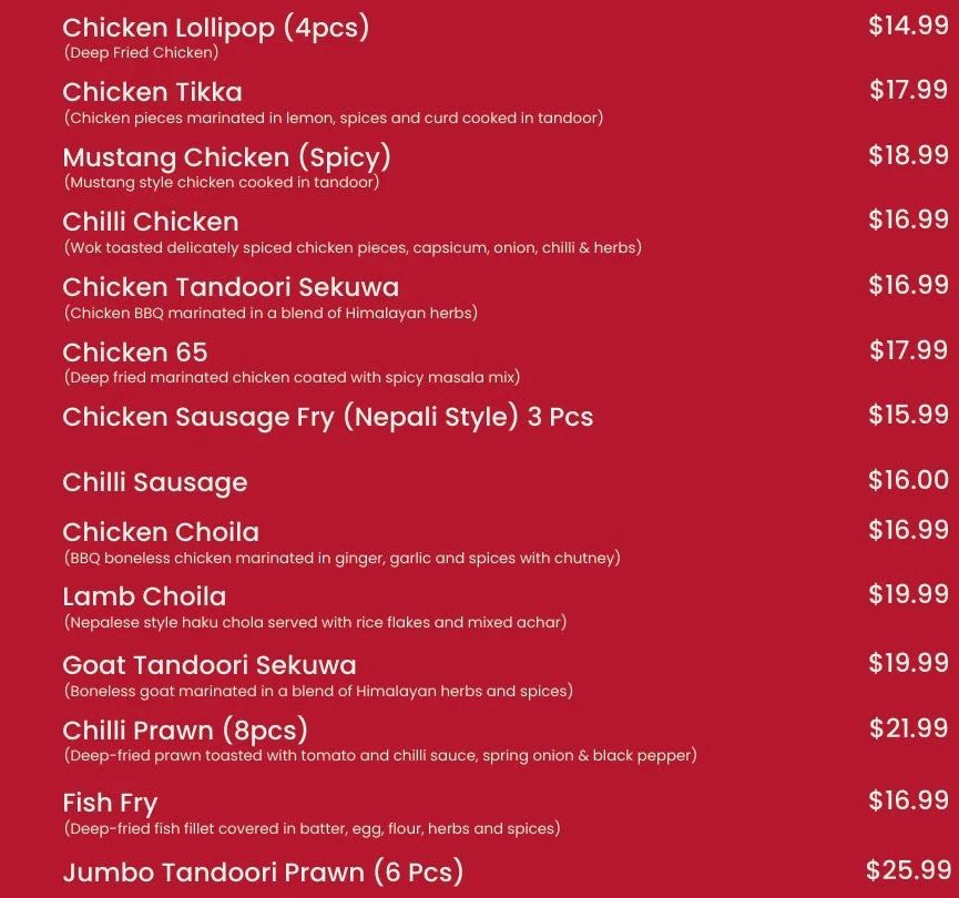 Menu, Mustang Palace Nepalese Restaurant