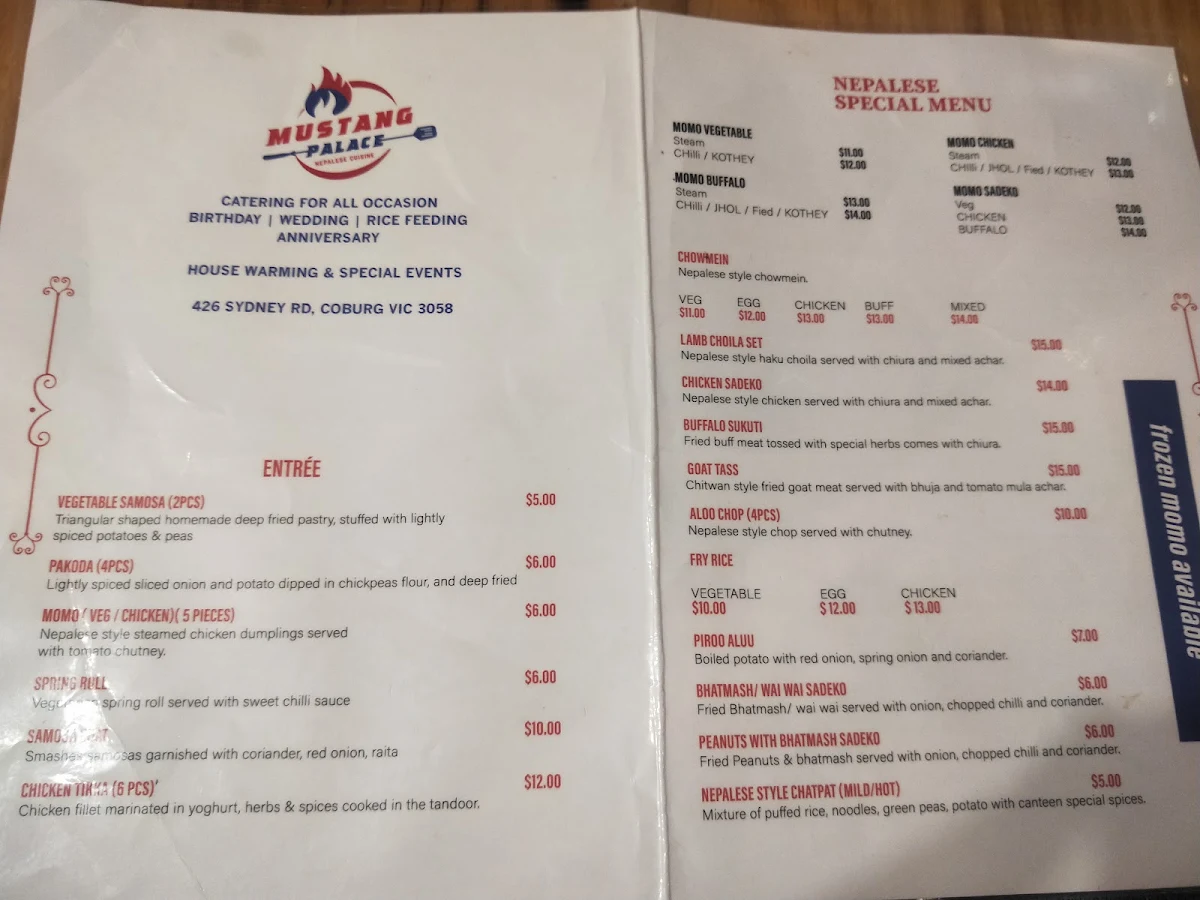 Menu, Mustang Palace Nepalese Restaurant