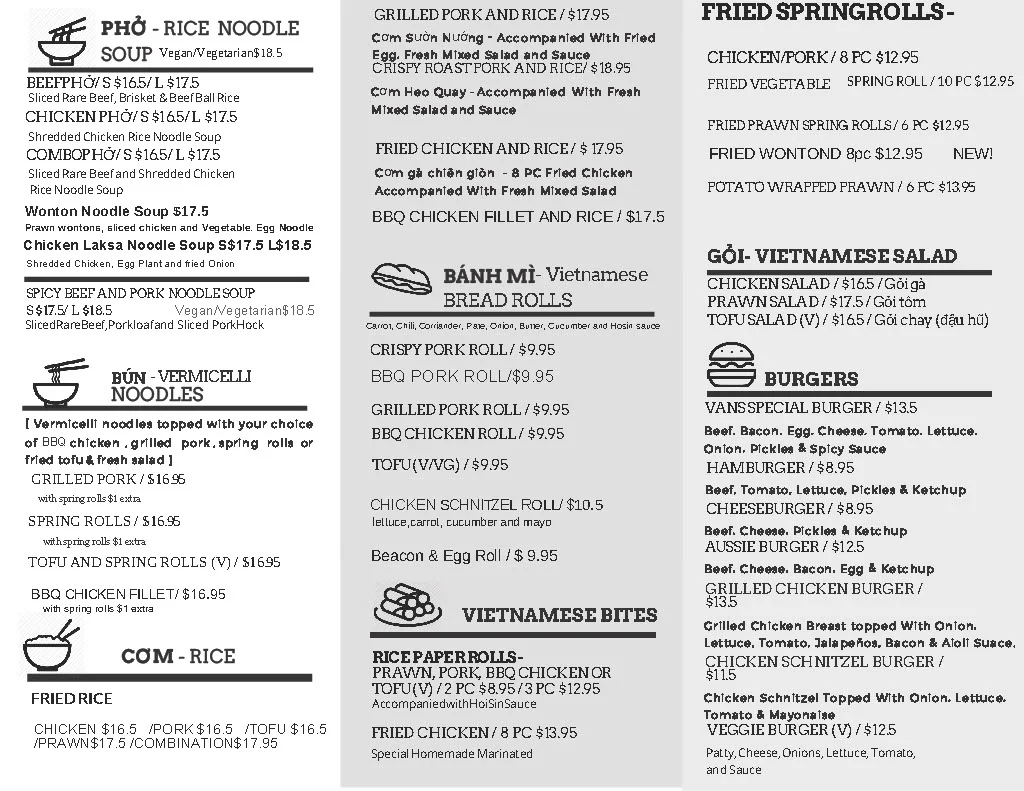 Menu, Vans Cafe