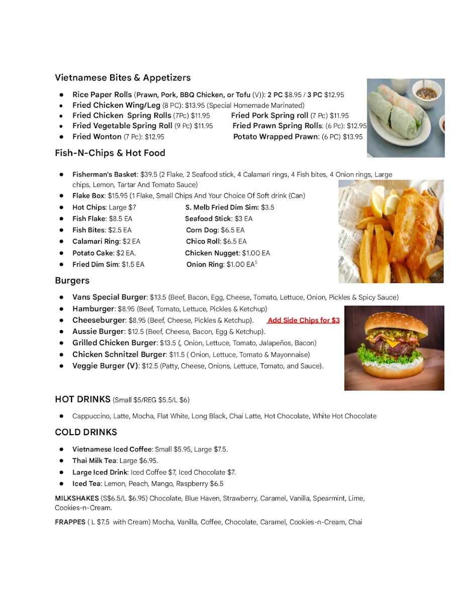 Menu, Vans Cafe