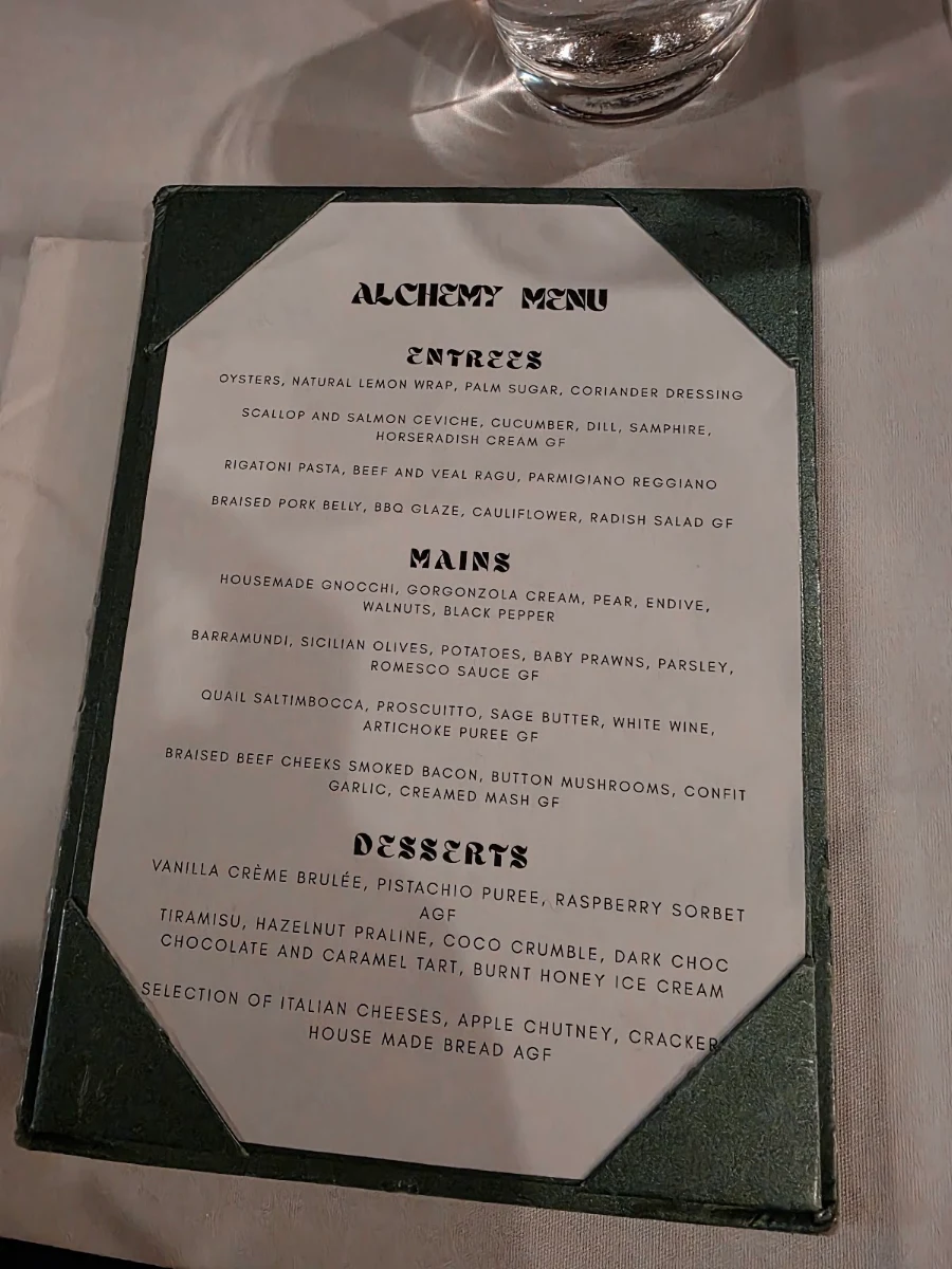 Menu, Alchemy Restaurant and Bar Brisbane