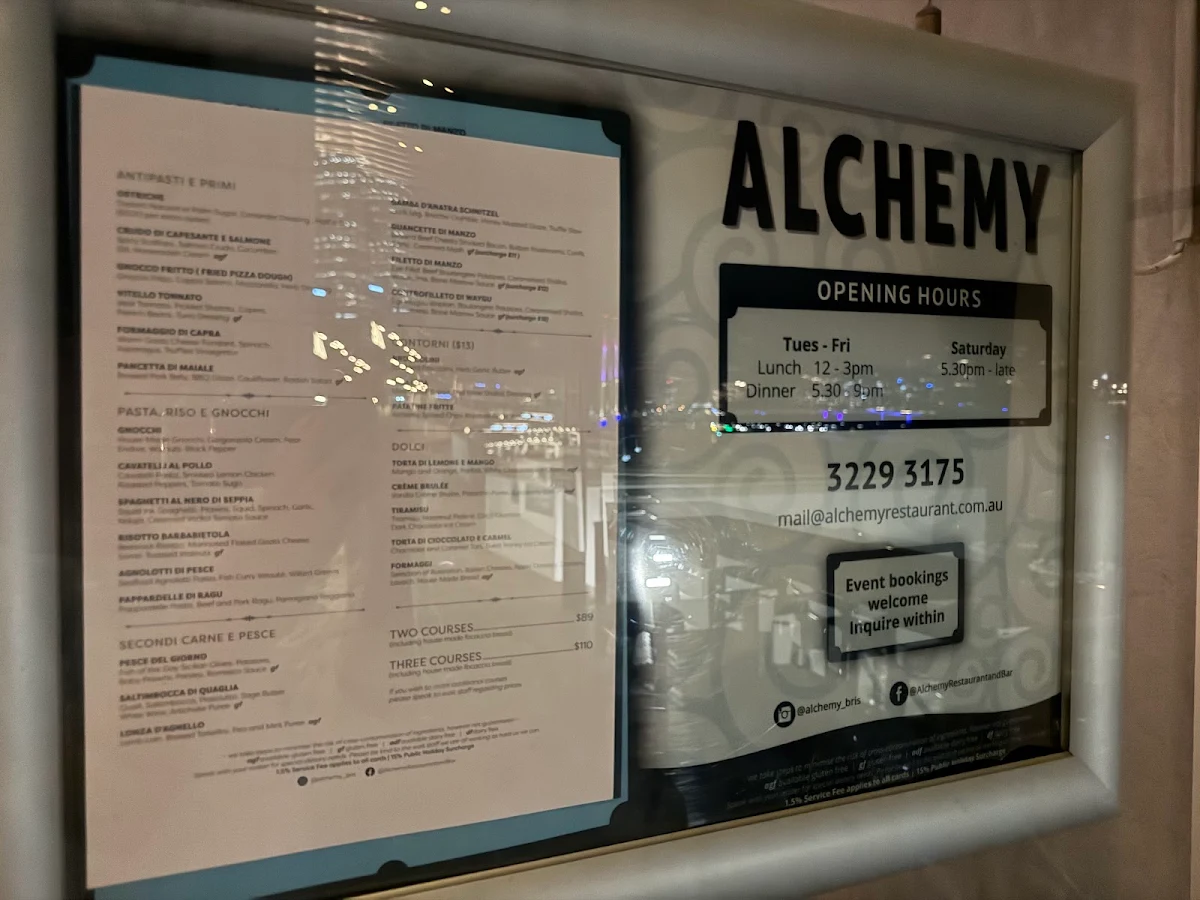 Menu, Alchemy Restaurant and Bar Brisbane