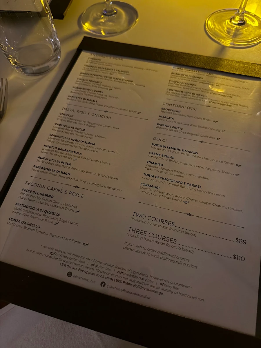 Menu, Alchemy Restaurant and Bar Brisbane