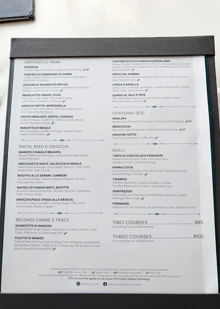 Menu, Alchemy Restaurant and Bar Brisbane