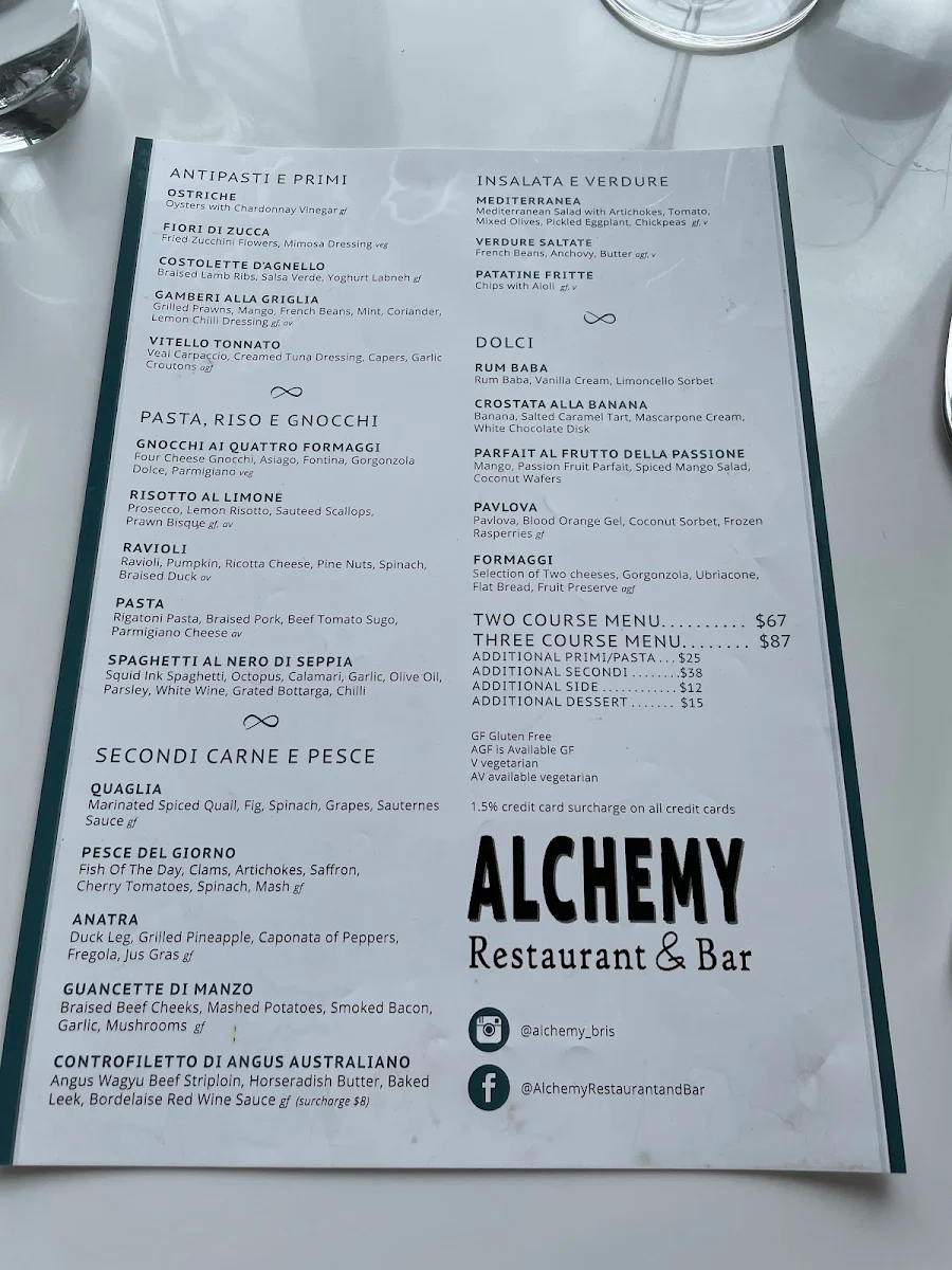 Menu, Alchemy Restaurant and Bar Brisbane