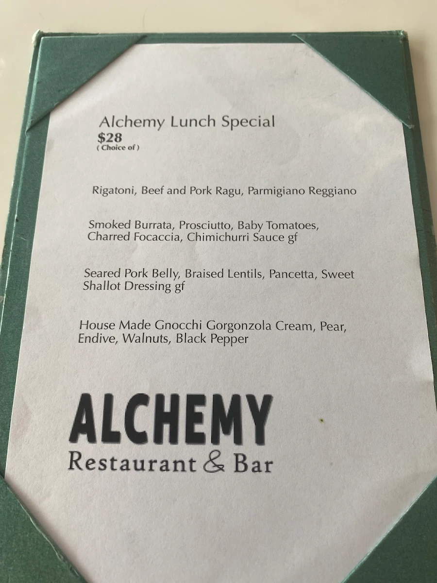 Menu, Alchemy Restaurant and Bar Brisbane