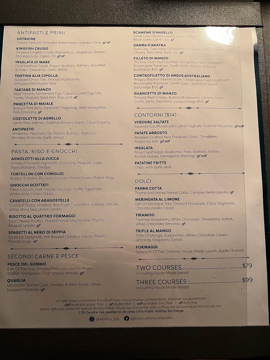 Menu, Alchemy Restaurant and Bar Brisbane