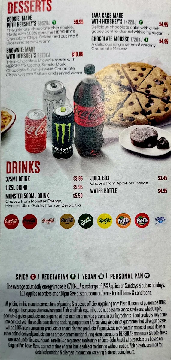 Menu, Pizza Hut Dandenong