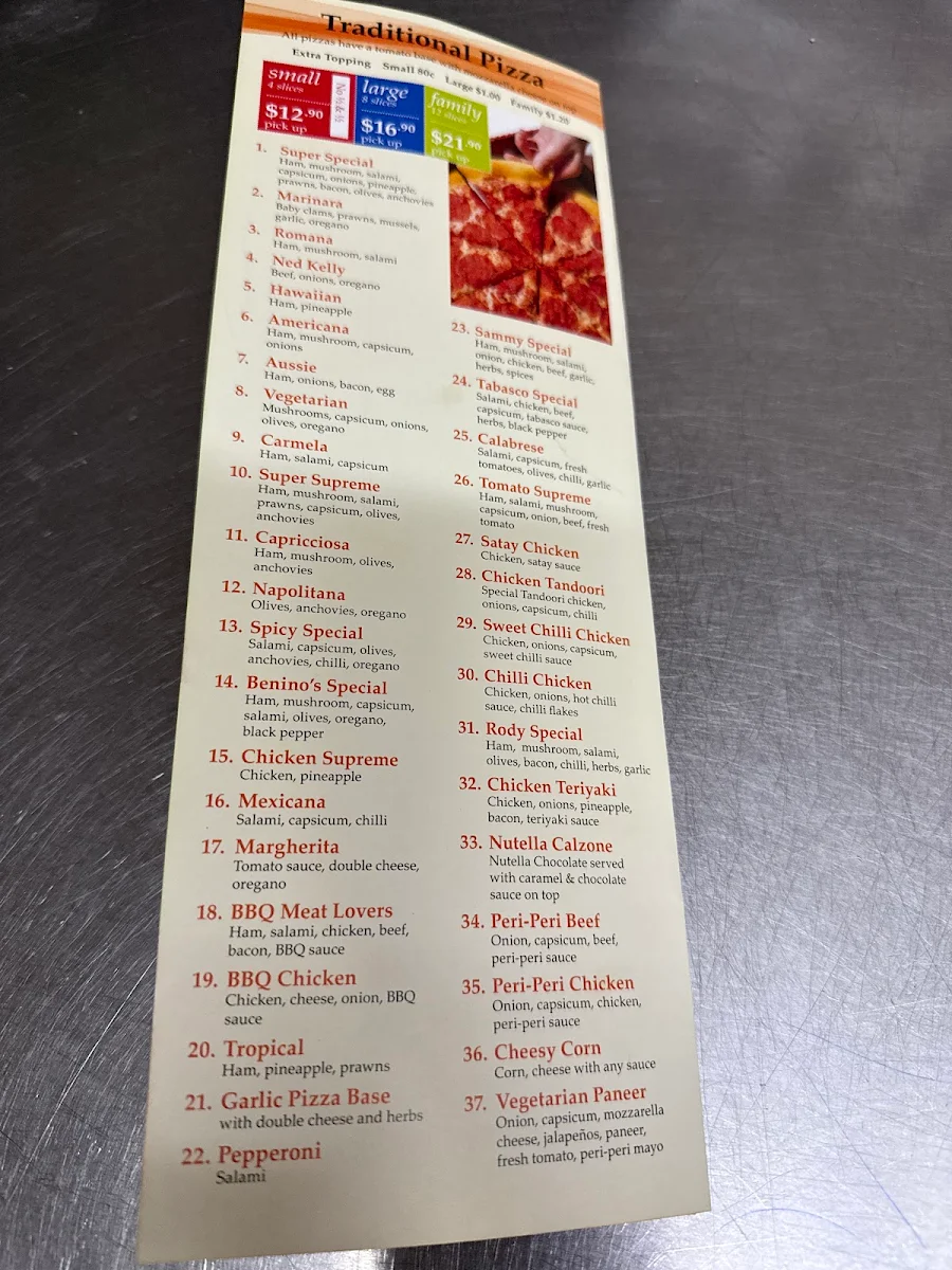 Menu, Benino's Pizza