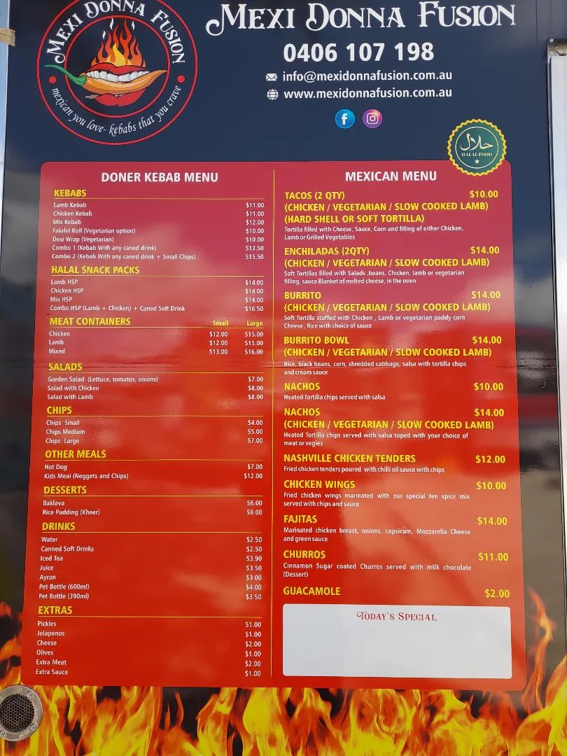 Menu, Mexi Donna Fusion