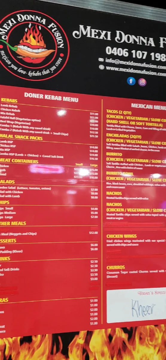 Menu, Mexi Donna Fusion