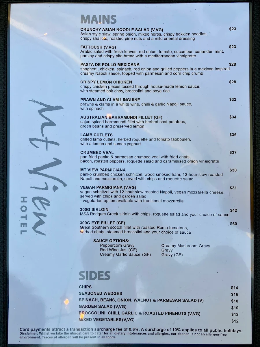 Menu, Mt View Hotel