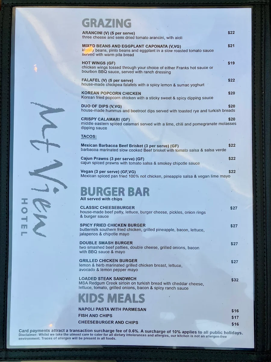 Menu, Mt View Hotel
