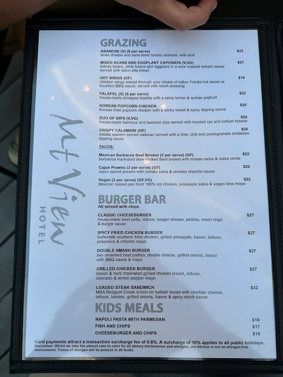 Menu, Mt View Hotel