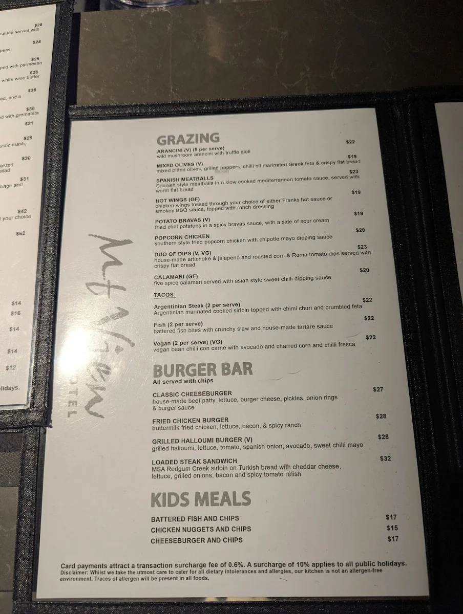 Menu, Mt View Hotel