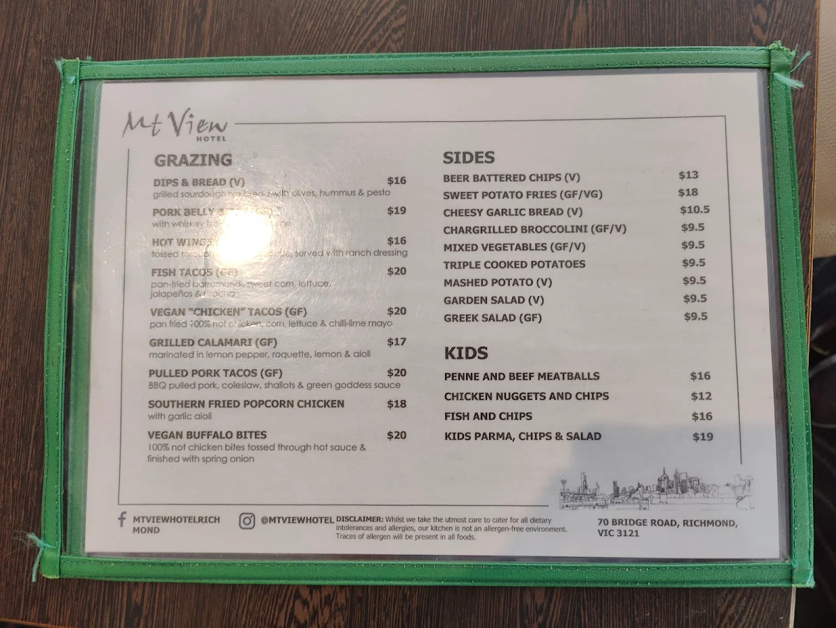 Menu, Mt View Hotel