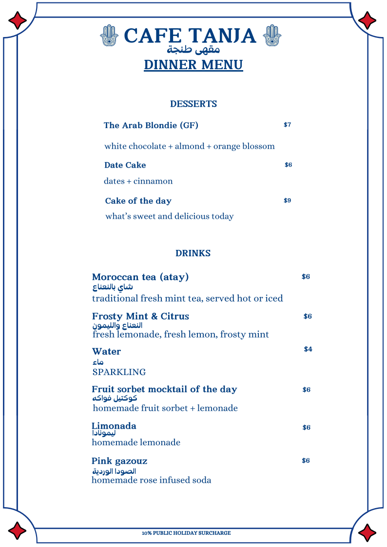 Menu, Café Tanja