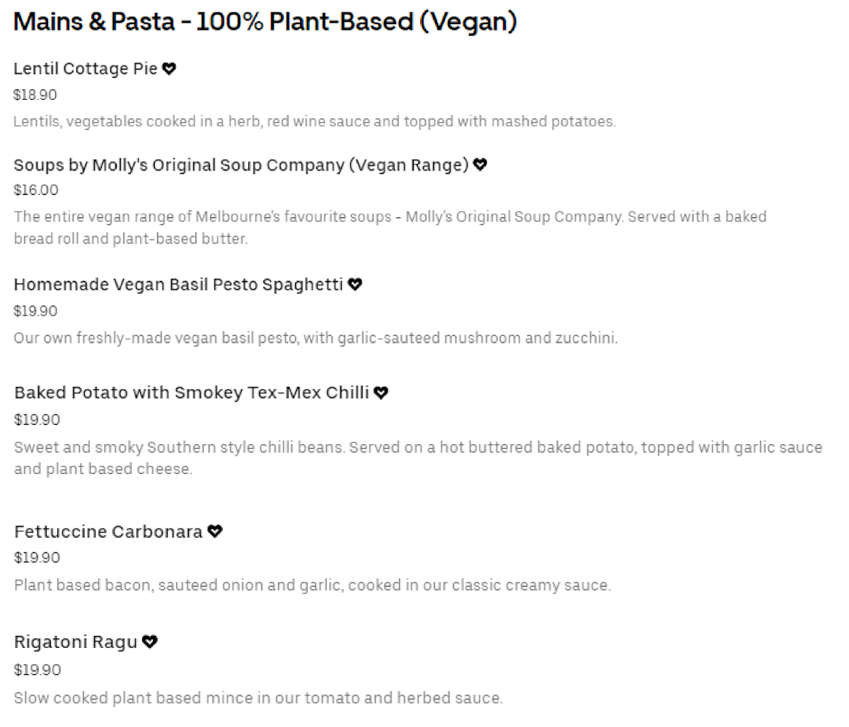 Menu, Patrick's Plant-Based Takeaway