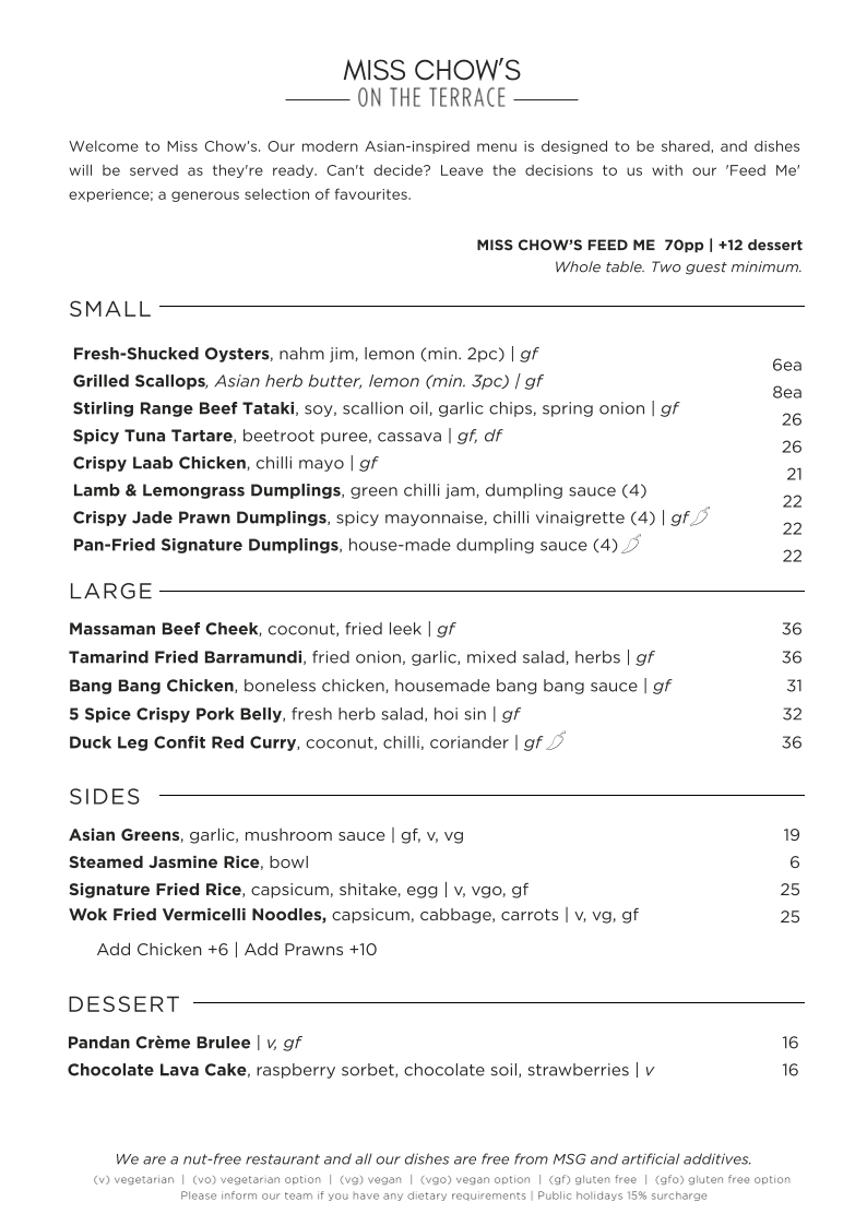 Menu, Miss Chow's On the Terrace
