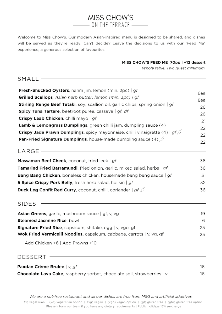 Menu, Miss Chow's On the Terrace