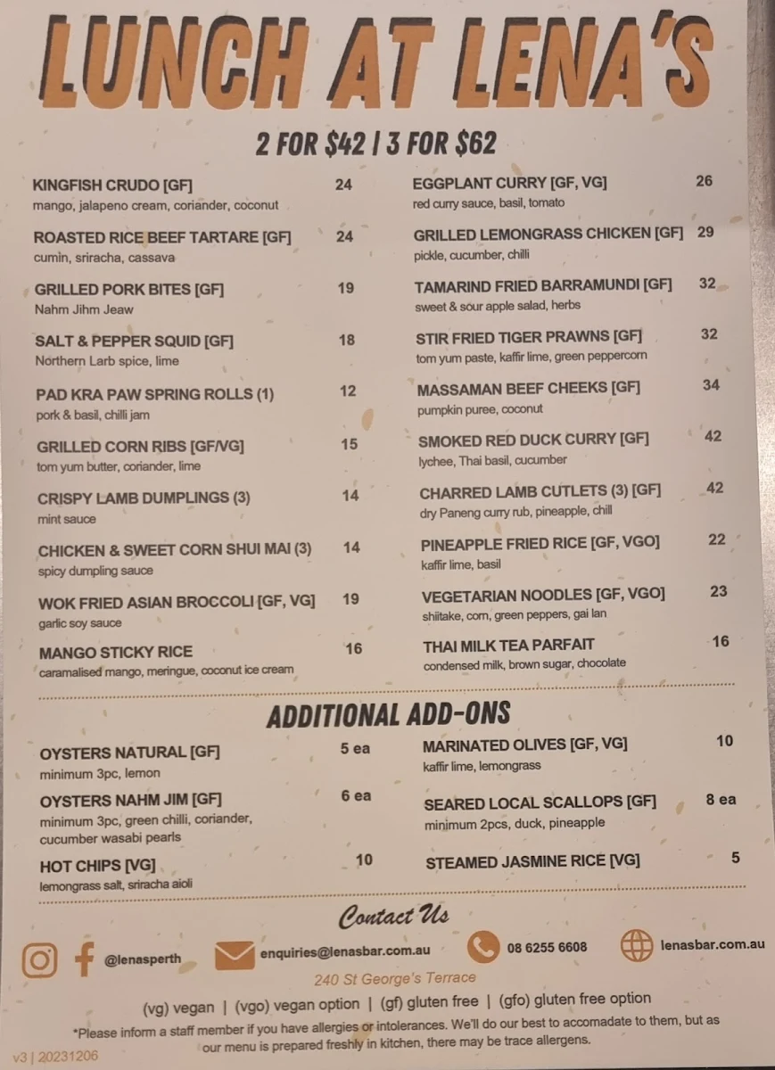 Menu, Miss Chow's On the Terrace