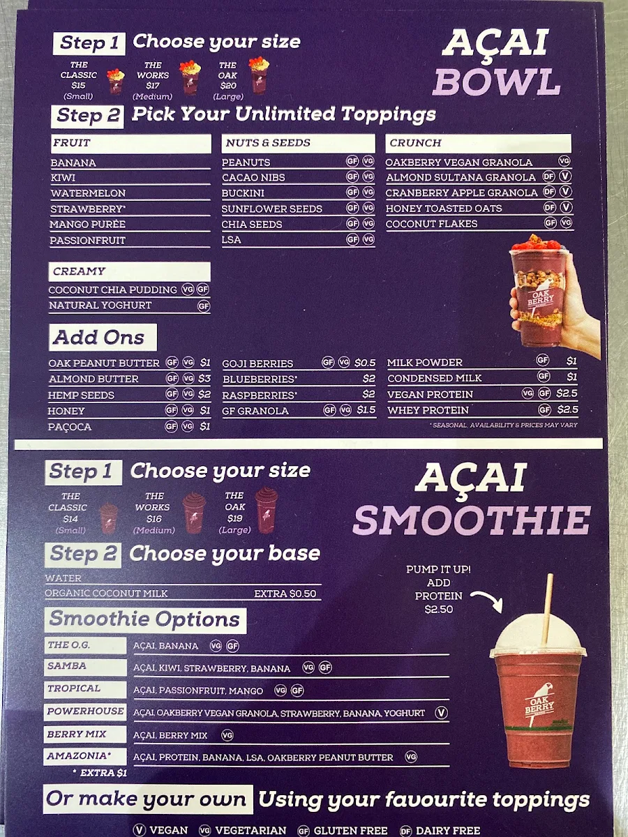 Menu, Oakberry Acai Melbourne CBD