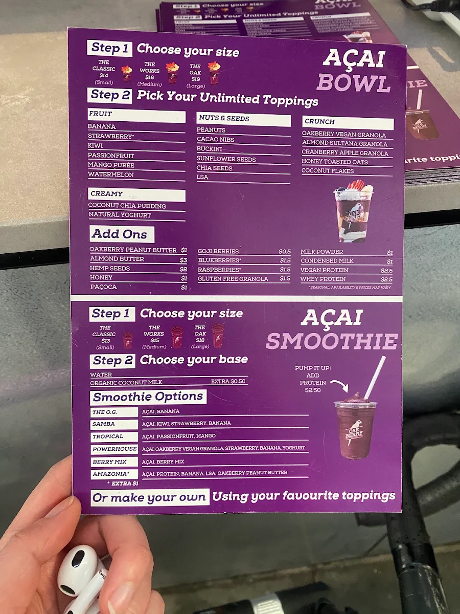 Menu, Oakberry Acai Melbourne CBD