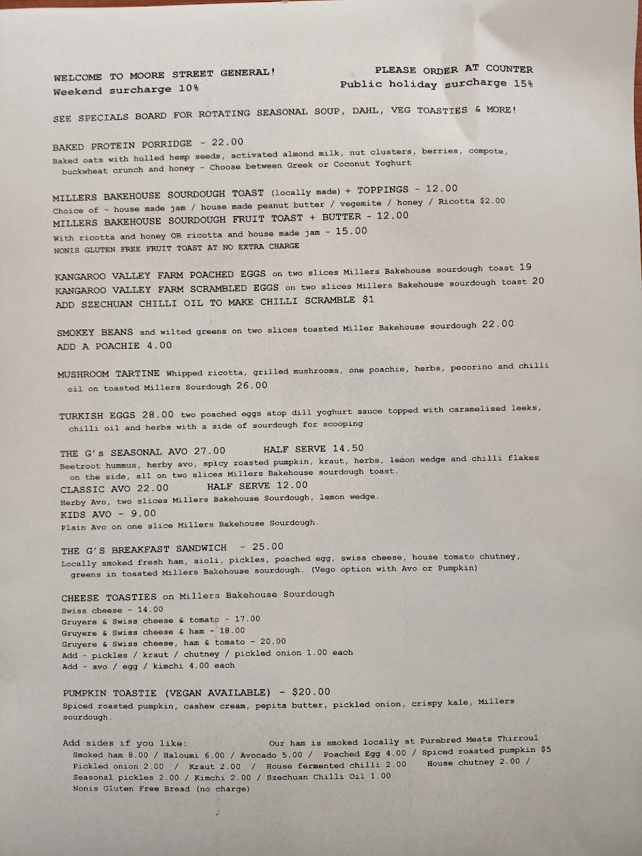 Menu, Moore Street General