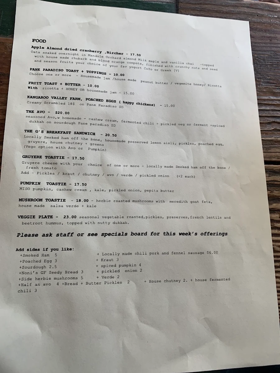 Menu, Moore Street General