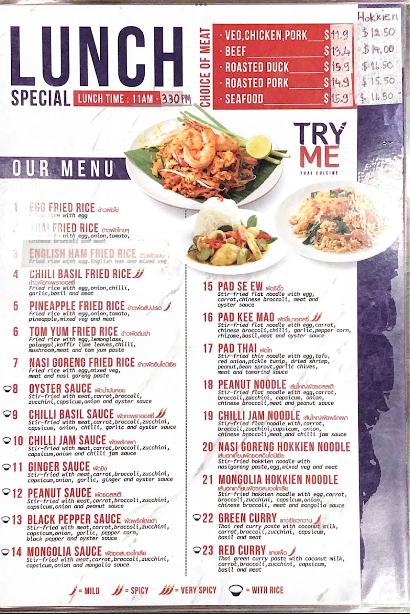 Menu, Try me Thai Cuisine