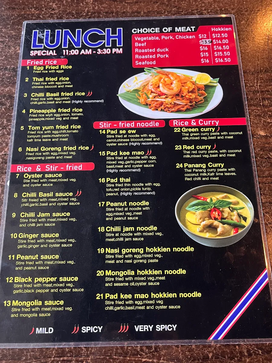 Menu, Try me Thai Cuisine