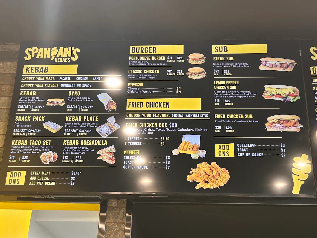 Menu, Spanian's Kebabs Newtown