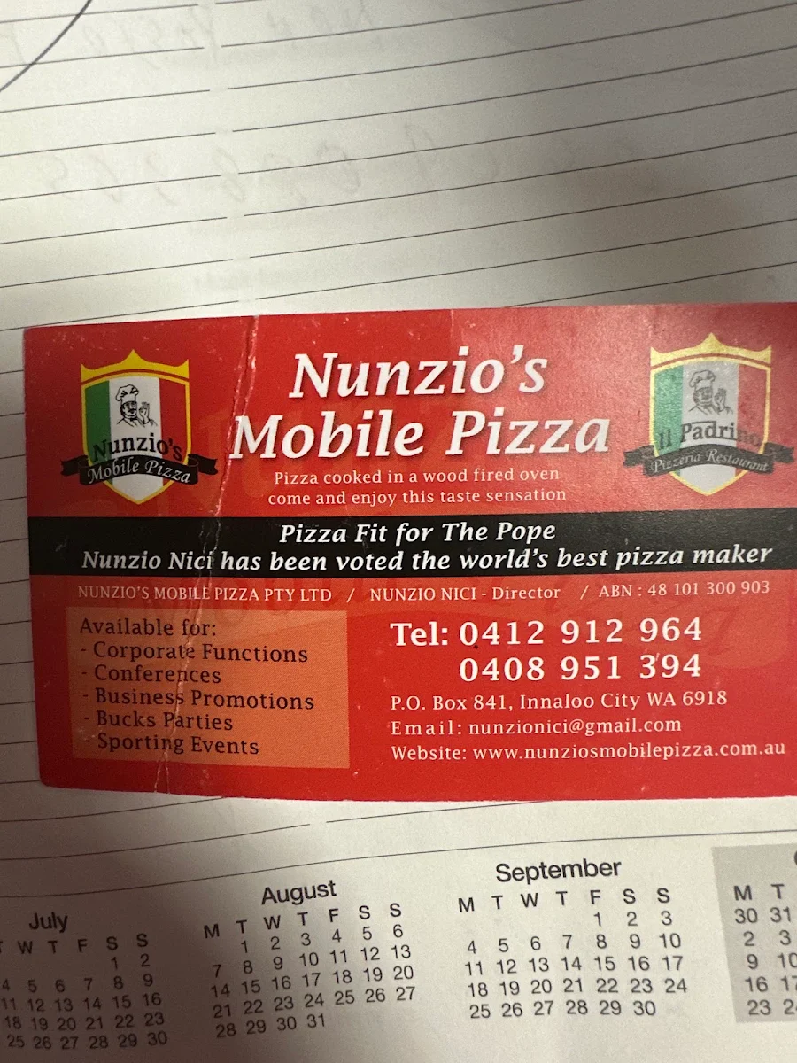 Menu, Nunzio’s Mobile Pizza