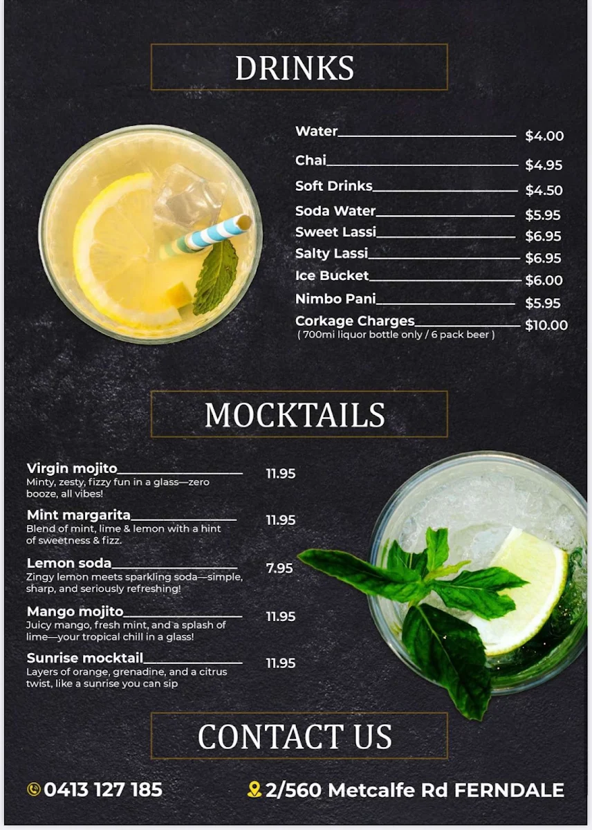 Menu, Flaming Karachi Cannington
