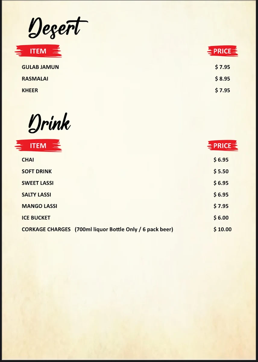 Menu, Flaming Karachi Cannington