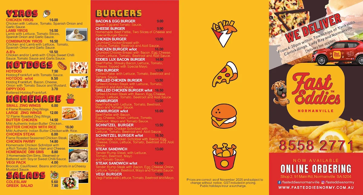 Menu, Fast Eddies Normanville