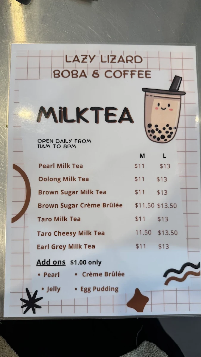 Menu, Lazy Lizard Boba & Coffee
