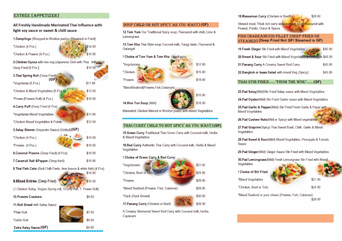 Menu, Mornington Thai restaurant
