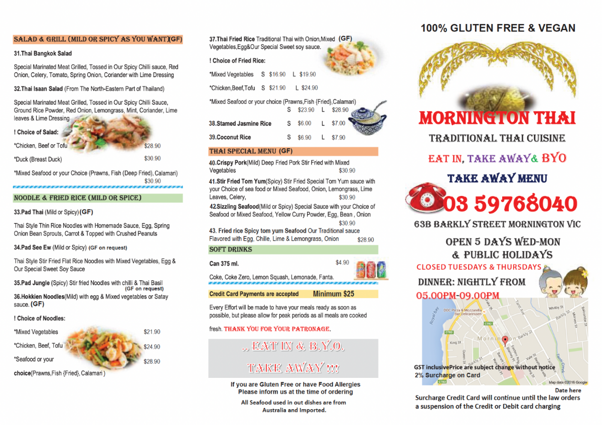 Menu, Mornington Thai restaurant