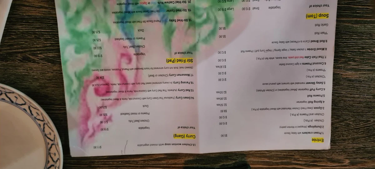 Menu, Mornington Thai restaurant